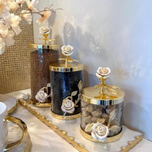 Gold-Accented Glass Jars with White Roses