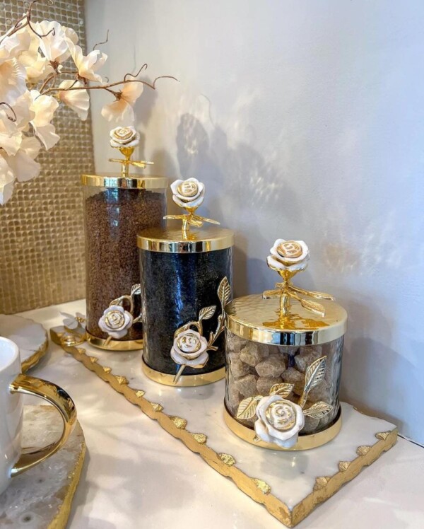 Gold-Accented Glass Jars with White Roses